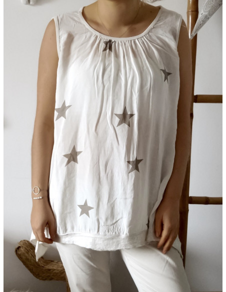 Débardeur femme long motif étoile grande taille beige sequins coton