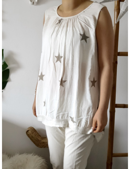 Débardeur femme long motif étoile grande taille beige sequins coton