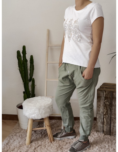 Pantalon de jogging pour femme en coton KAKI coupe sarouel avec bouton survêtement chic made in italy