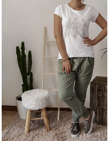 Pantalon de jogging pour femme en coton KAKI coupe sarouel avec bouton survêtement chic made in italy