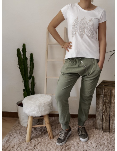 Pantalon de jogging pour femme en coton KAKI coupe sarouel avec bouton survêtement chic made in italy