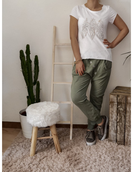 Pantalon de jogging pour femme en coton KAKI coupe sarouel avec bouton survêtement chic made in italy