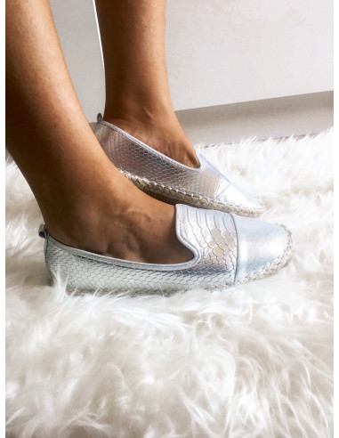 Espadrilles effet python nacrées espadrille corde plate serpent argent espadrilles pour femme grises
