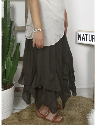 JUPE LONGUE BOHÈME CHIC EN COTON FLUIDE MADE IN ITALY MARRON FONCÉE CHOCOLAT VOLUMINEUSE BOULE