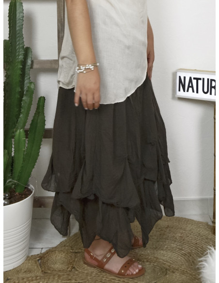 JUPE LONGUE BOHÈME CHIC EN COTON FLUIDE MADE IN ITALY MARRON FONCÉE CHOCOLAT VOLUMINEUSE BOULE