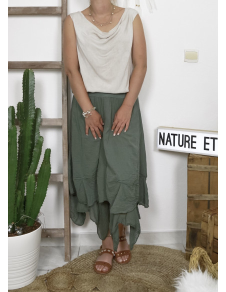 JUPE LONGUE BOHÈME CHIC EN COTON FLUIDE MADE IN ITALY KAKI VOLUMINEUSE BOULE JUPE LONGUE BOHÈME CHIC EN COTON FLUIDE MADE IN ITALY KAKI VOLUMINEUSE BOULE