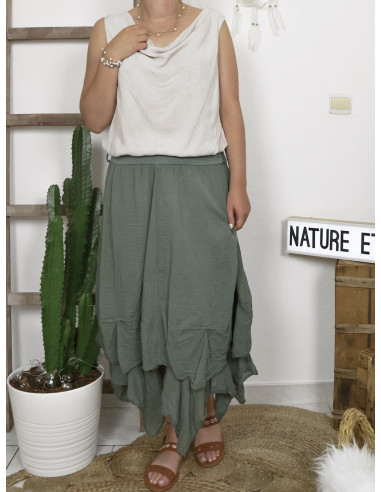 JUPE LONGUE BOHÈME CHIC EN COTON FLUIDE MADE IN ITALY KAKI VOLUMINEUSE BOULE JUPE LONGUE BOHÈME CHIC EN COTON FLUIDE MADE IN ITALY KAKI VOLUMINEUSE BOULE