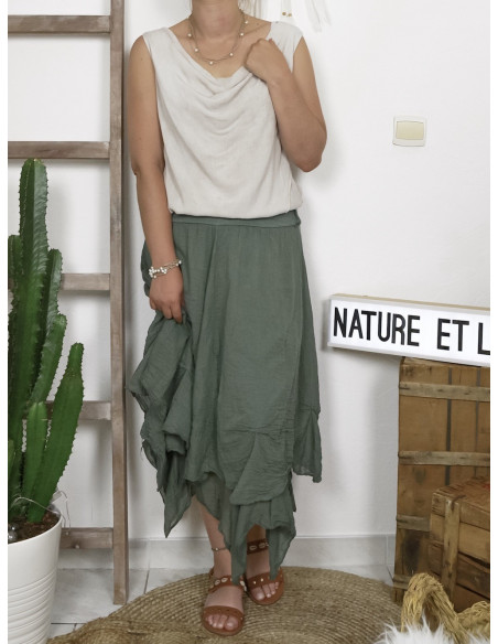 JUPE LONGUE BOHÈME CHIC EN COTON FLUIDE MADE IN ITALY KAKI VOLUMINEUSE BOULE JUPE LONGUE BOHÈME CHIC EN COTON FLUIDE MADE IN ITALY KAKI VOLUMINEUSE BOULE