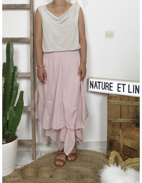 JUPE LONGUE BOHÈME CHIC EN COTON FLUIDE MADE IN ITALY ROSE PALE POUDRÉE VOLUMINEUSE BOULE