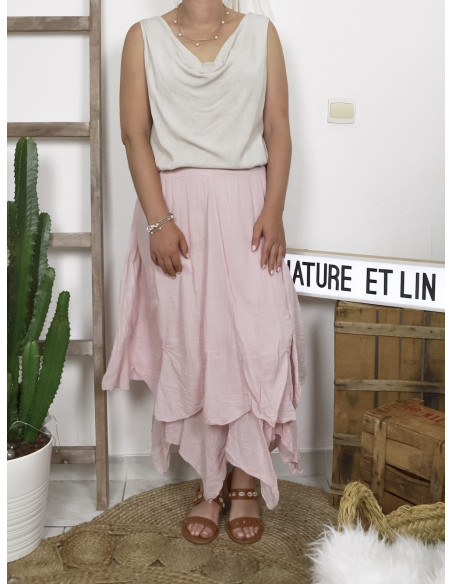 JUPE LONGUE BOHÈME CHIC EN COTON FLUIDE MADE IN ITALY ROSE PALE POUDRÉE VOLUMINEUSE BOULE