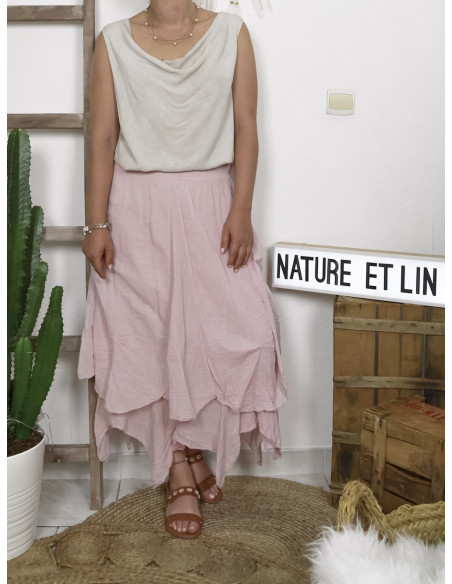 JUPE LONGUE BOHÈME CHIC EN COTON FLUIDE MADE IN ITALY ROSE PALE POUDRÉE VOLUMINEUSE BOULE