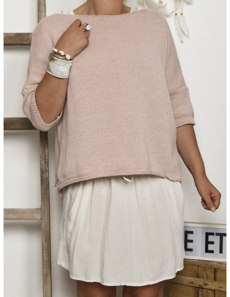 ROBE COURTE FLUIDE BEIGE MOTIF POIS GRIS MANCHES LONGUE COTON MADE IN ITALY