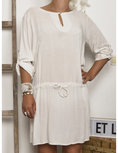 ROBE COURTE FLUIDE BEIGE MOTIF POIS GRIS MANCHES LONGUE COTON MADE IN ITALY