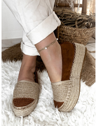 Espadrilles plate forme semelle épaisse compensée en corde suédine marron femme