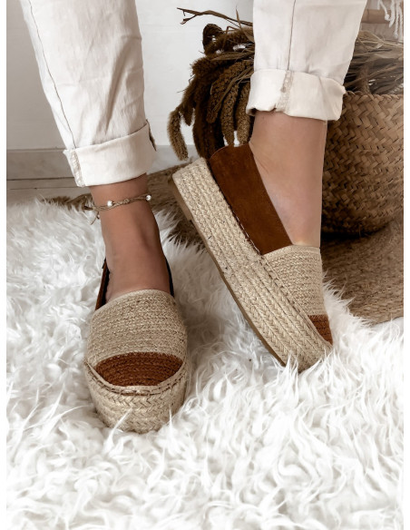 Espadrilles plate forme semelle épaisse compensée en corde suédine marron femme