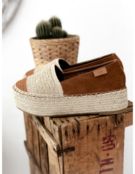 Espadrilles plate forme semelle épaisse compensée en corde suédine marron femme