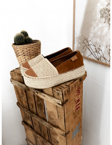 Espadrilles plate forme semelle épaisse compensée en corde suédine marron femme