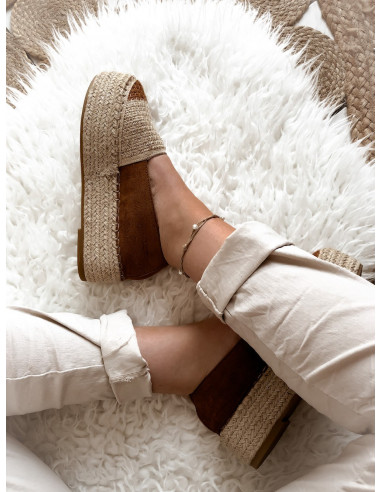 Espadrilles plate forme semelle épaisse compensée en corde suédine marron femme