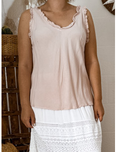 Top femme tencel col et dos V détails froufrous fluide ROSE PALE POUDRÉ femme tissu naturel made in italy