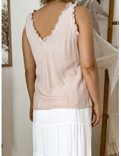 Top femme tencel col et dos V détails froufrous fluide ROSE PALE POUDRÉ femme tissu naturel made in italy 2