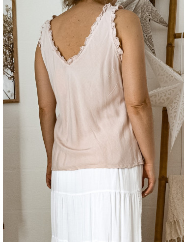 Top femme tencel col et dos V détails froufrous fluide ROSE PALE POUDRÉ femme tissu naturel made in italy