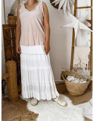 Top femme tencel col et dos V détails froufrous fluide ROSE PALE POUDRÉ femme tissu naturel made in italy