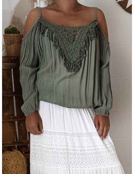 Blouse bohème chic top femme KAKI manches longue épaules denudées dentelle made in italy