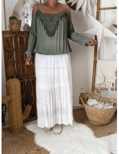 Blouse bohème chic top femme KAKI manches longue épaules denudées dentelle made in italy 2