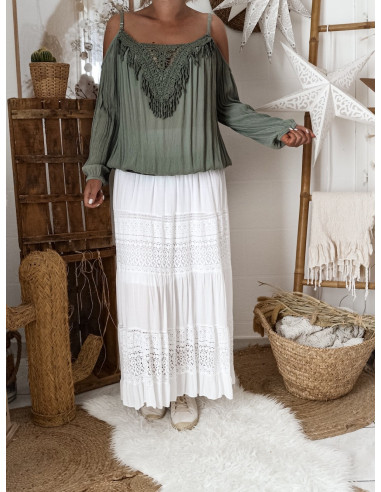 Blouse bohème chic top femme KAKI manches longue épaules denudées dentelle made in italy
