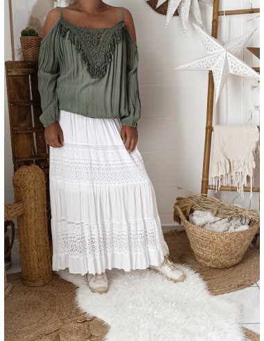 Blouse bohème chic top femme KAKI manches longue épaules denudées dentelle made in italy