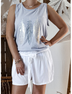 SHORT FEMME FLUIDE UNI BLANC CEINTURE RUBAN NOEUD 100 % TENCEL MADE IN ITALY 2