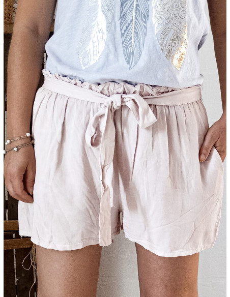 SHORT FEMME FLUIDE UNI ROSE PALE POUDRÉ CEINTURE RUBAN NOEUD 100 % TENCEL MADE IN ITALY