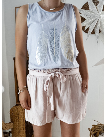 SHORT FEMME FLUIDE UNI ROSE PALE POUDRÉ CEINTURE RUBAN NOEUD 100 % TENCEL MADE IN ITALY