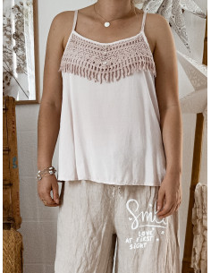 TOP FEMME FLUIDE VISCOSE ROSE PALE POUDRÉ AVEC DENTELLE ET PETITES FRANGES MADE IN ITALY