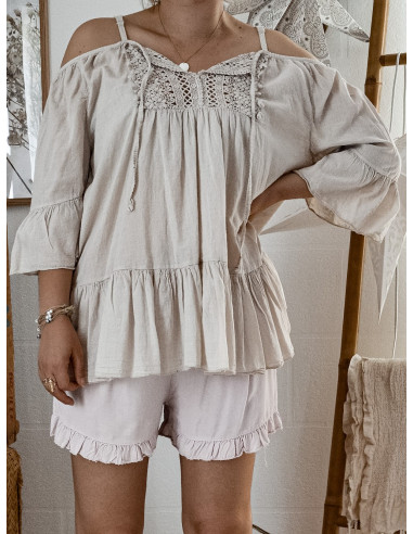 TUNIQUE EN COTON BEIGE DENTELLE ET VOLANT EPAULE NUE MADE IN ITALY