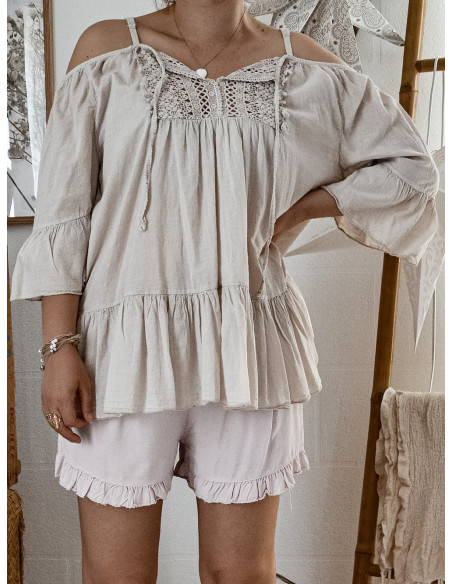 TUNIQUE EN COTON BEIGE DENTELLE ET VOLANT EPAULE NUE MADE IN ITALY