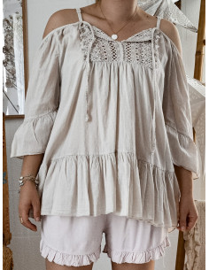 TUNIQUE EN COTON BEIGE DENTELLE ET VOLANT EPAULE NUE MADE IN ITALY 2