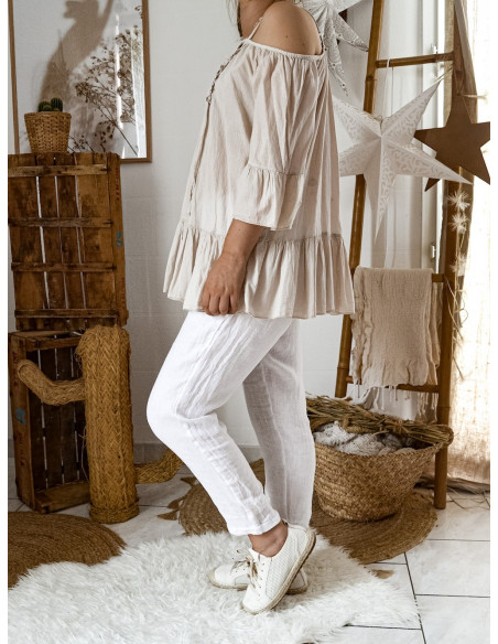 TUNIQUE EN COTON BEIGE DENTELLE ET VOLANT EPAULE NUE MADE IN ITALY