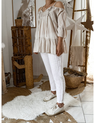 TUNIQUE EN COTON BEIGE DENTELLE ET VOLANT EPAULE NUE MADE IN ITALY