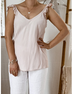 Top femme tencel decoletté et dos V bretelles froufrous fluide ROSE PALE POUDRÉ femme tissu naturel made in italy