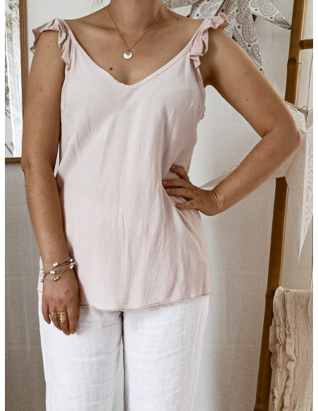 Top femme tencel decoletté et dos V bretelles froufrous fluide ROSE PALE POUDRÉ femme tissu naturel made in italy