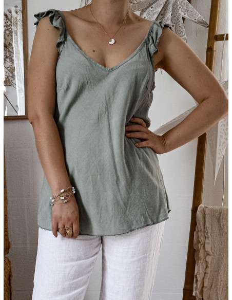 Top femme tencel décoletté et dos V bretelles froufrous fluide VERT KAKI femme tissu naturel made in italy