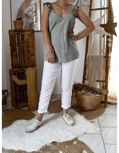 Top femme tencel décoletté et dos V bretelles froufrous fluide VERT KAKI femme tissu naturel made in italy