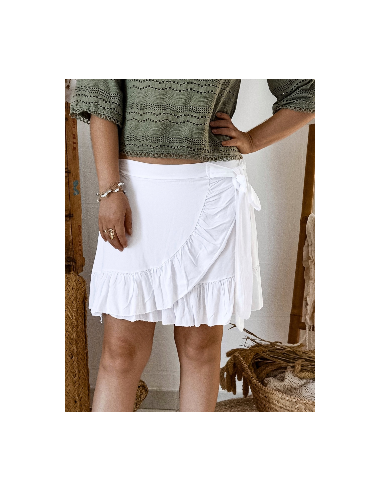 JUPE COURTE EN VISCOSE FLUIDE BLANCHE VOLANT PORTE FEUILLE NOEUD RUBAN JUPE COURTE EN VISCOSE FLUIDE BLANCHE VOLANT PORTE FEUILLE NOEUD RUBAN