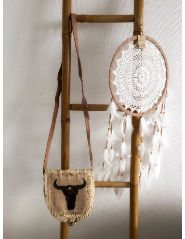Panier rond osier paille style bohème panier sac bandoulière motif tete de buffle peinte etoile sangle reglable cuir bali