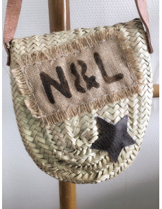 Panier rond osier paille style bohème panier sac bandoulière motif tete de buffle peinte etoile sangle reglable cuir bali 2