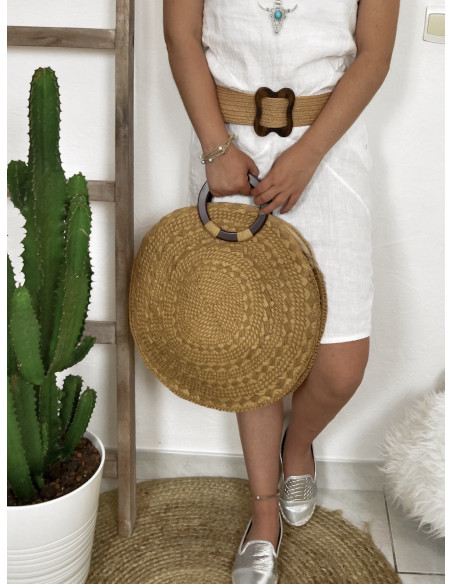 Grand sac panier rond anse ronde rigide marron
