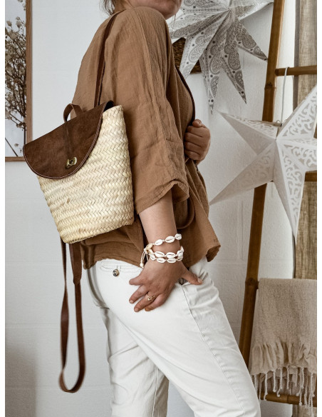 Panier sac a dos en paille et cuir