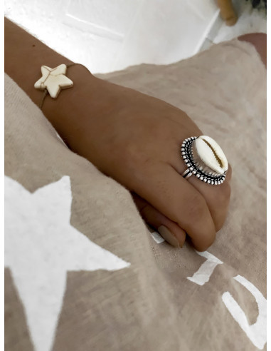 bague coquillage argent cauri blanc