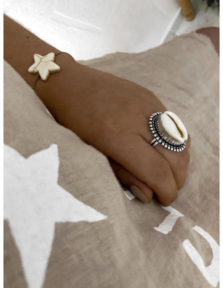 bague coquillage argent cauri blanc